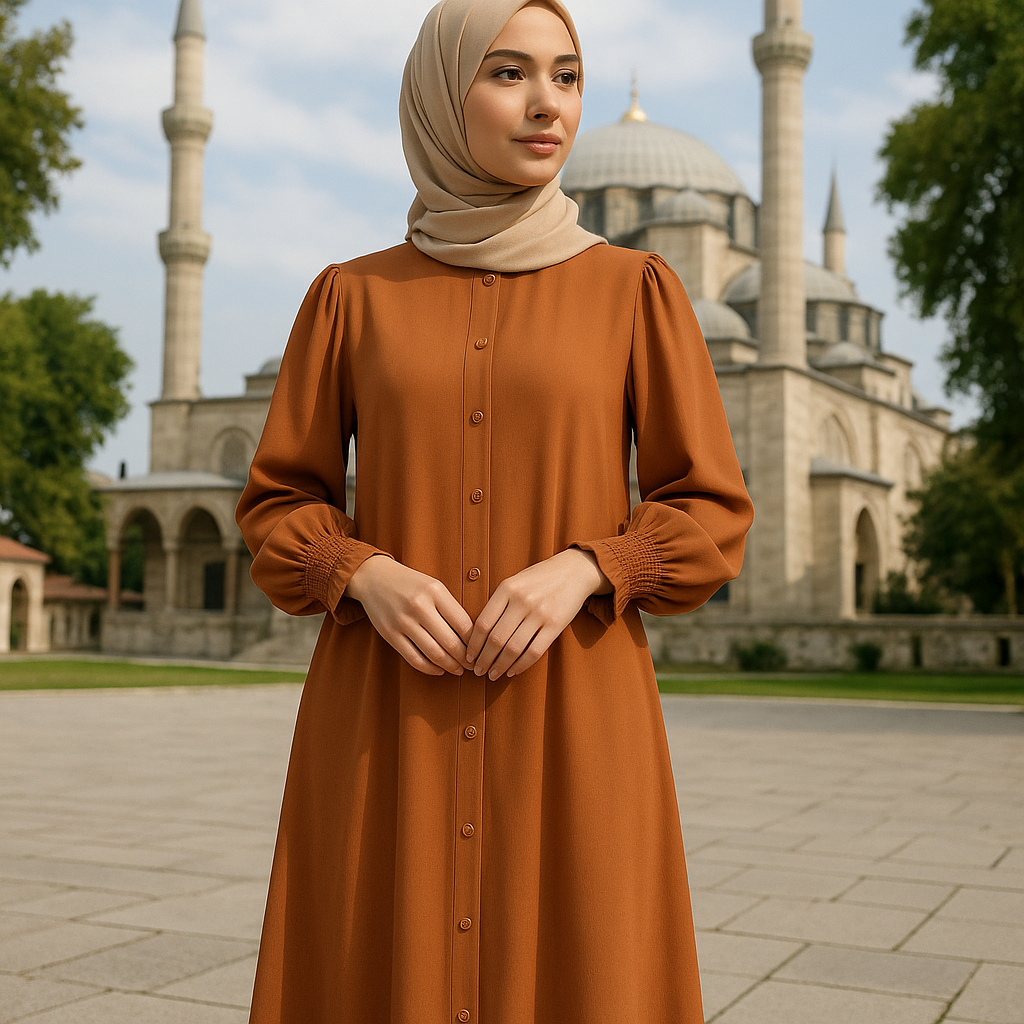 Elegant "Muted Rust" Abaya with Beige Hijab