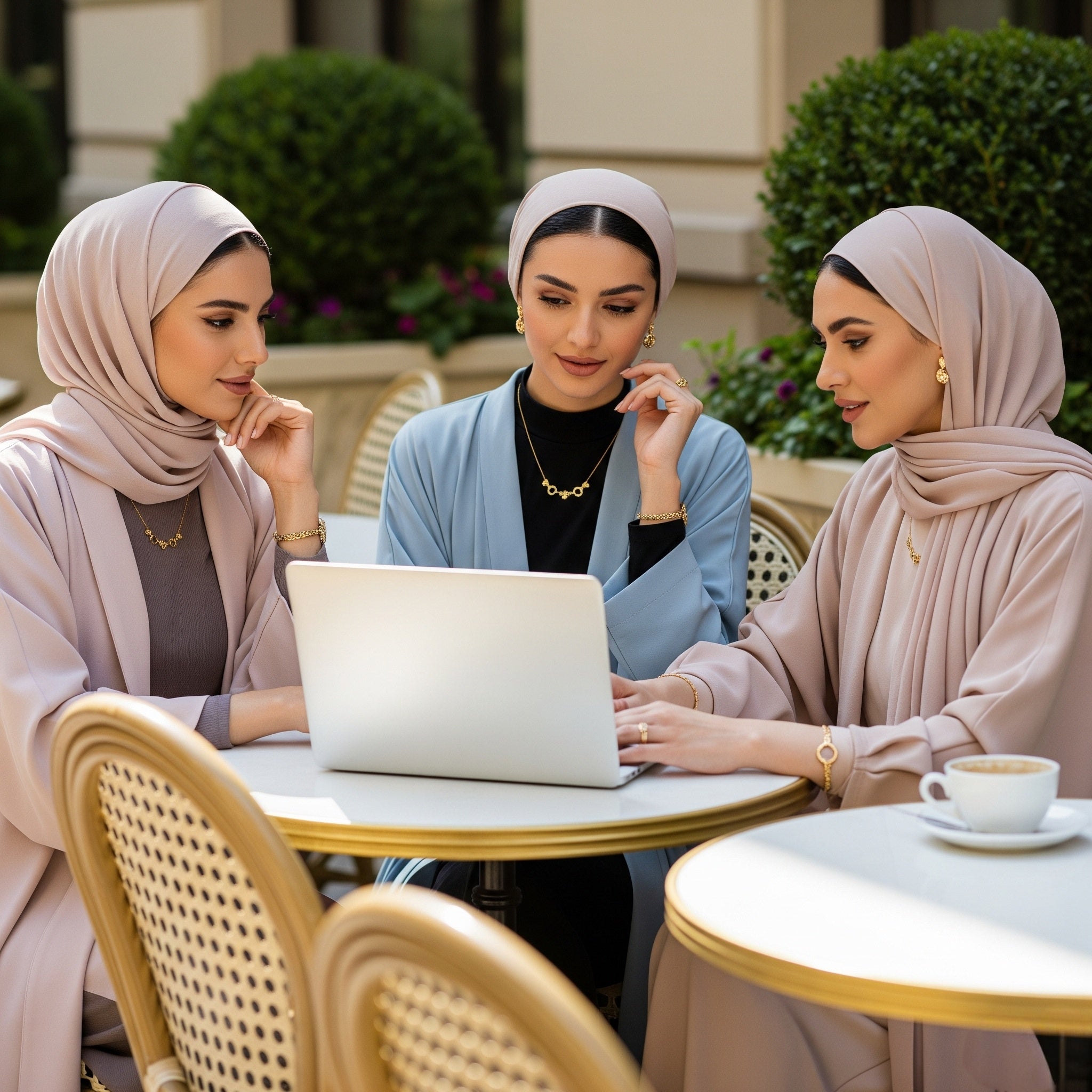 Three women in hijabs sitting at a table with a laptop, engaged in a discussion.