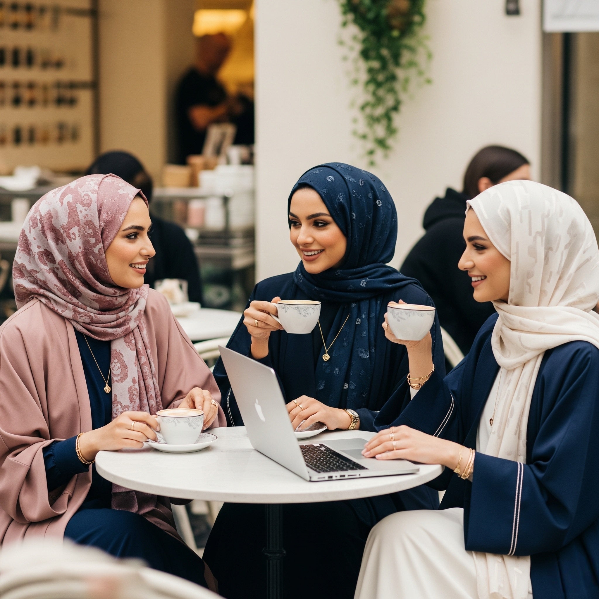 Three women in hijabs sitting at a table with a laptop, smiling and holding cups.
