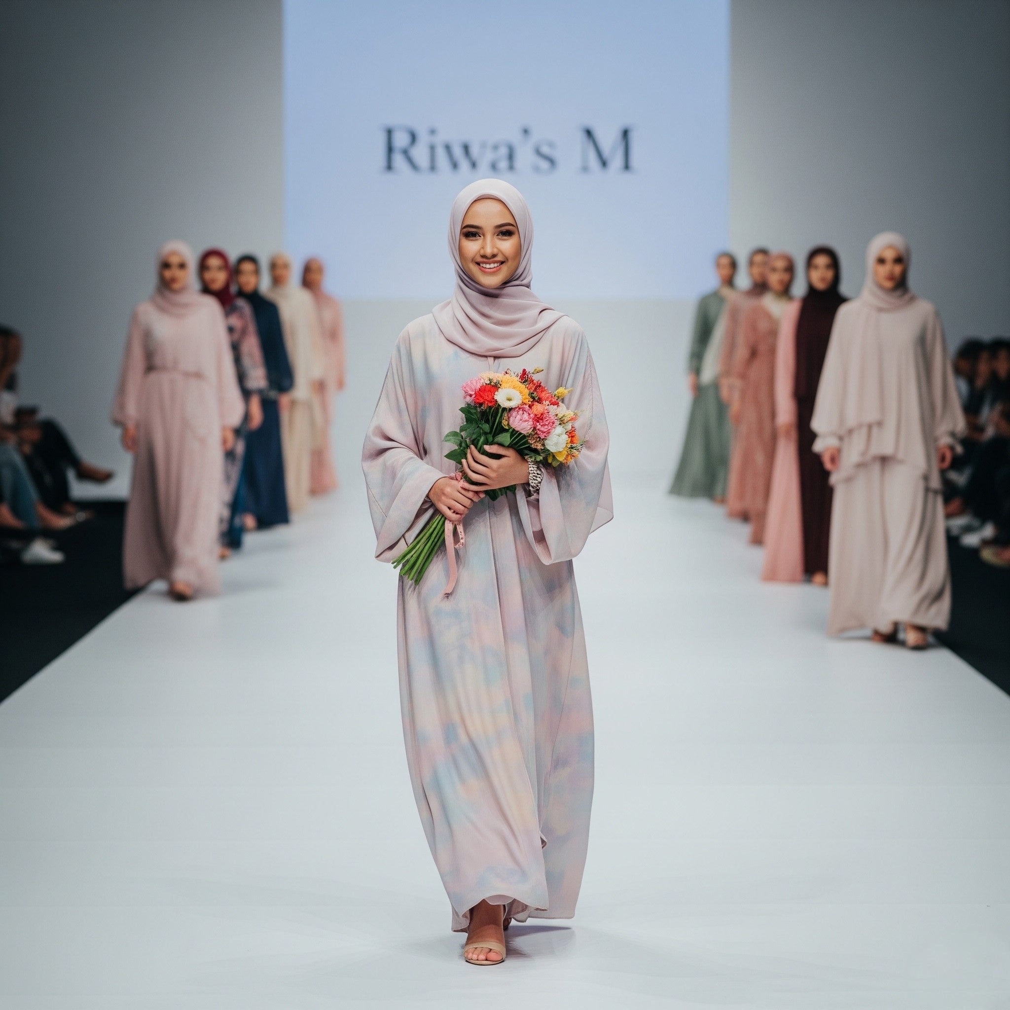 Model walking down a runway wearing a pastel dress and hijab, holding flowers, with 'Riwa's M' branding in the background.