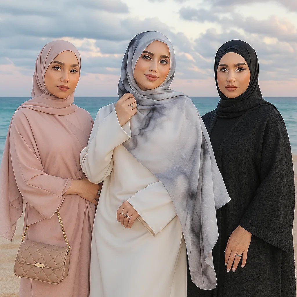 Three women in hijabs standing on a beach with ocean in the background